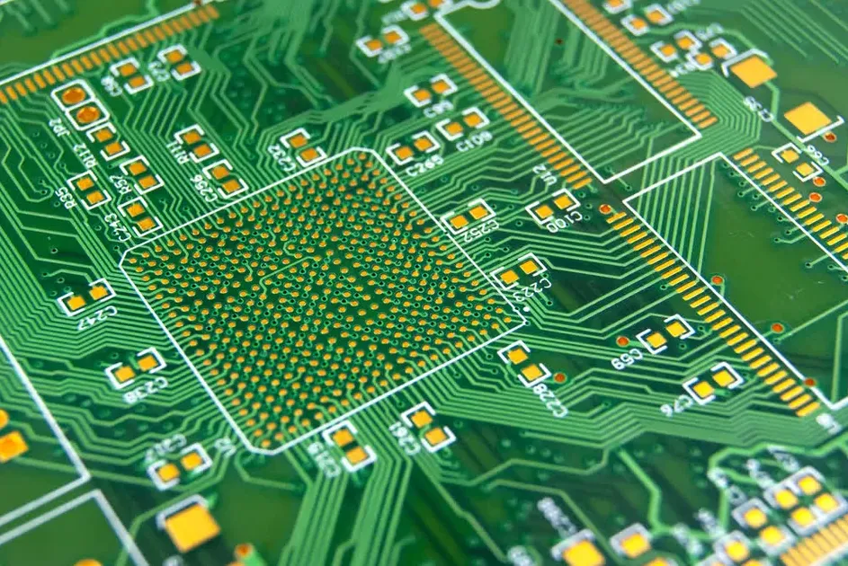 High-density PCB with precision solder mask for fine-pitch components.