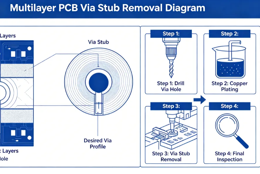 Diagram showing via stub removal in a multilayer PCB