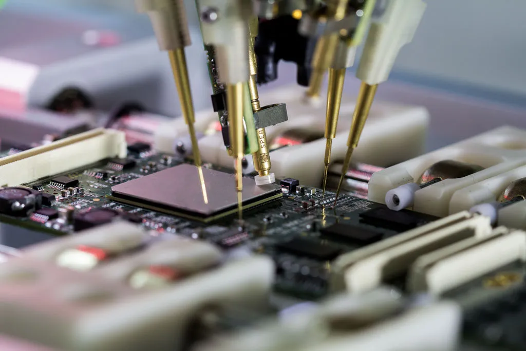 Flying probe tester checking PCB components for diagnostics.