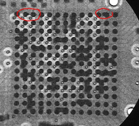 X-ray image of BGA solder bridging defect.