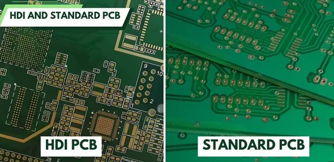 Comparison of traditional PCB vs. HDI PCB with higher component density