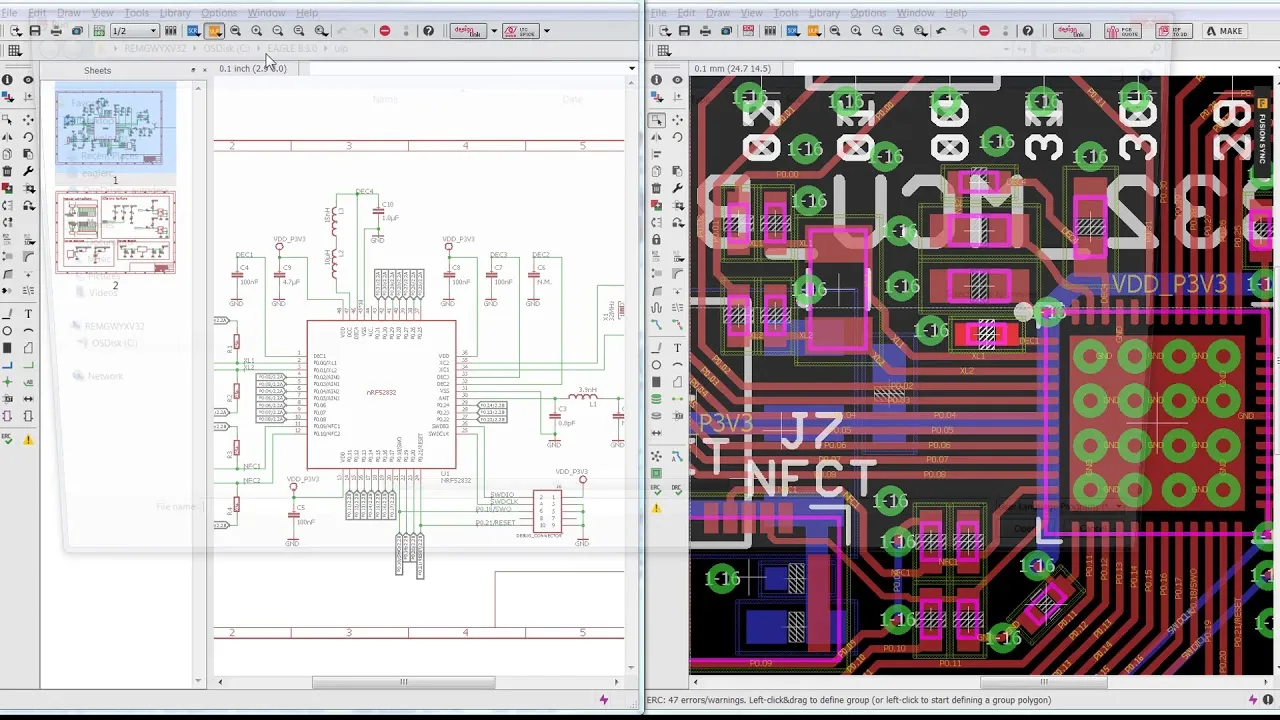 PCB design software interface with schematic layout