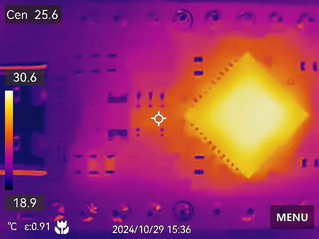 Thermal image of PCB highlighting overheating active component.