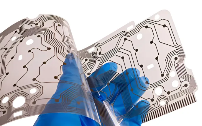 Close-Up of Transparent Flex PCB with Conductive Traces