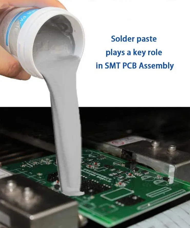 Solder paste applied to PCB pads for SMT assembly
