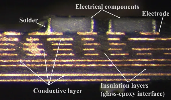 Microscopic view of electrical tracking path on PCB surface