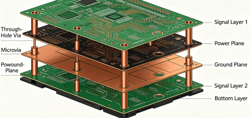 Cross-section view of a multilayer gaming PCB showing layer arrangement and via structures'