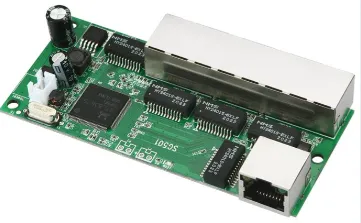 Close-up of a network switch PCB with key components labeled for troubleshooting