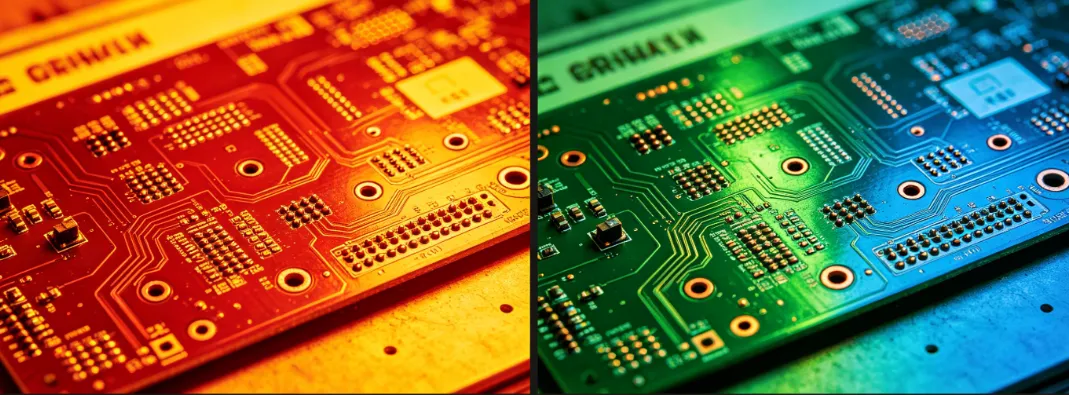 Infrared image comparing heat distribution on FR4 versus metal-backed PCB