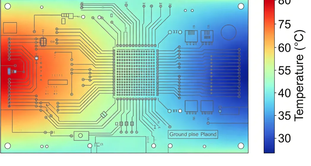 Color-coded thermal map illustrating temperature distribution along PCB traces under load