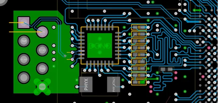 Detailed PCB layout highlighting ground planes for effective grounding in advanced PCB technology