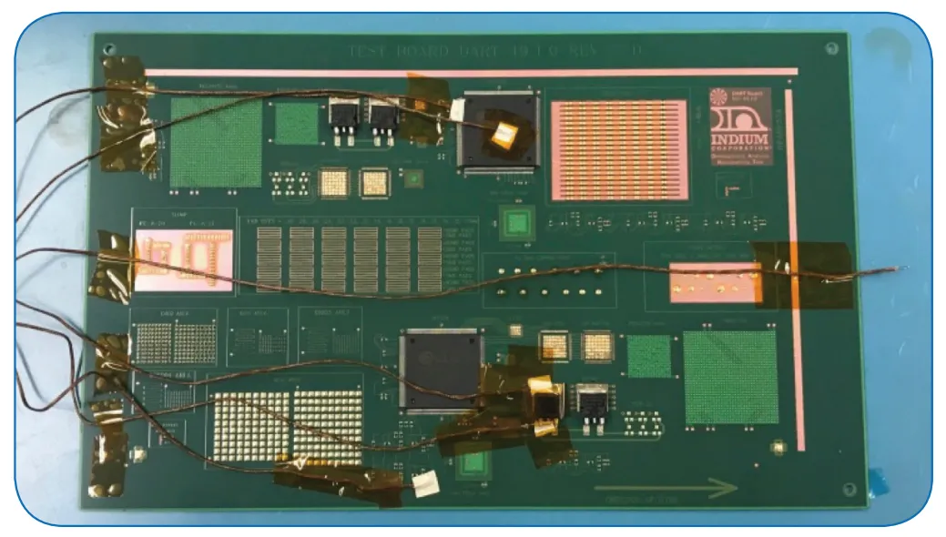 Thermal profiling setup for PCB assembly with thermocouples.