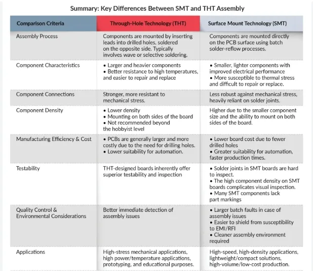 Pros and cons table of THT vs SMT for PCB assembly decision-making