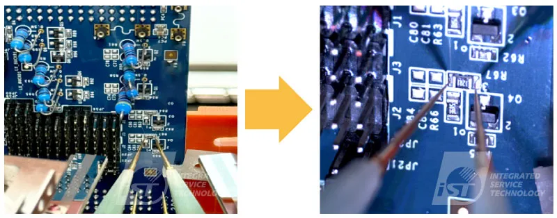 Flying probe testing resistor and capacitor on a PCB.