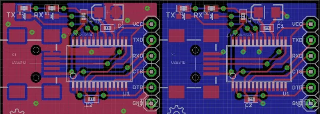 a PCB layout with and without copper pour to visually demonstrate the difference.