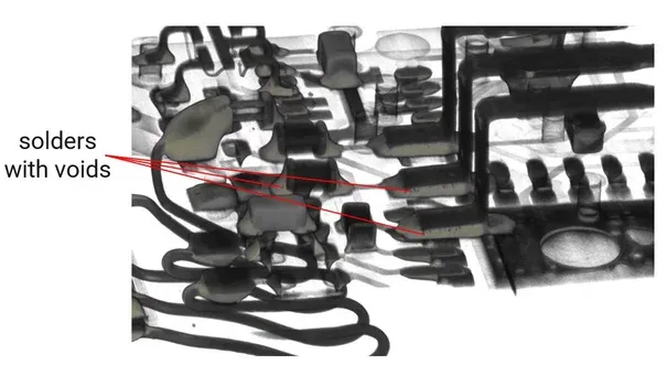 X-ray image of a PCB revealing a solder joint void