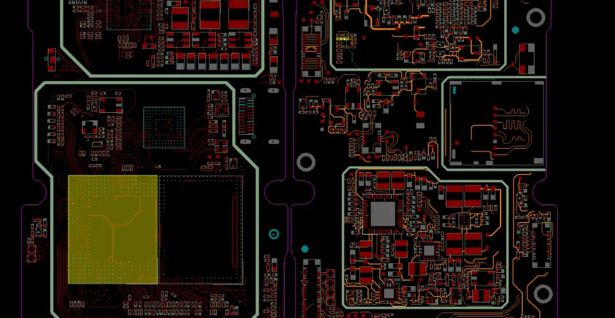 Drone flight control PCB layout showing trace routing and ground plane for signal integrity.