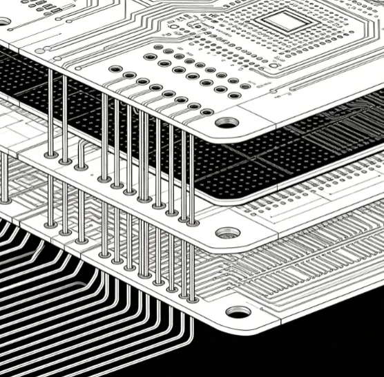 Cross-section view of a high-density interconnect PCB illustrating microvias and fine-line circuitry')