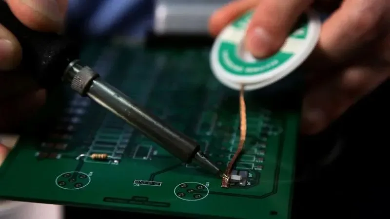"Technician using lead-free solder for eco-friendly PCB assembly."