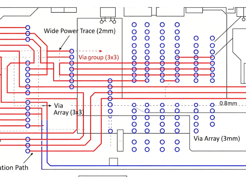 Annotated PCB layout highlighting wide power traces and via placement for current distribution