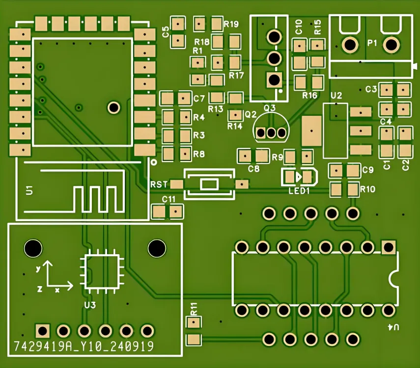 "PCB layout with SMT pads and vias following PCB pad design guidelines."