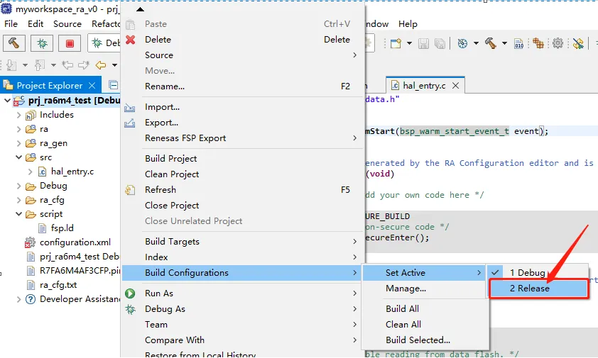 Switching to release configuration in e2 studio