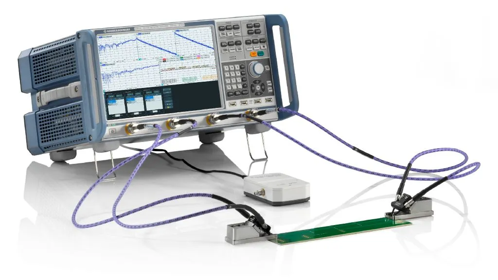 Testing RF PCB trace design for signal integrity using a vector network analyzer.