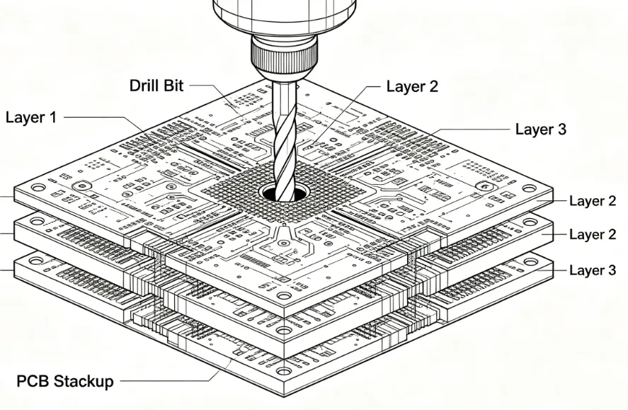 Schematic of mechanical drilling through a multilayer PCB stack-up