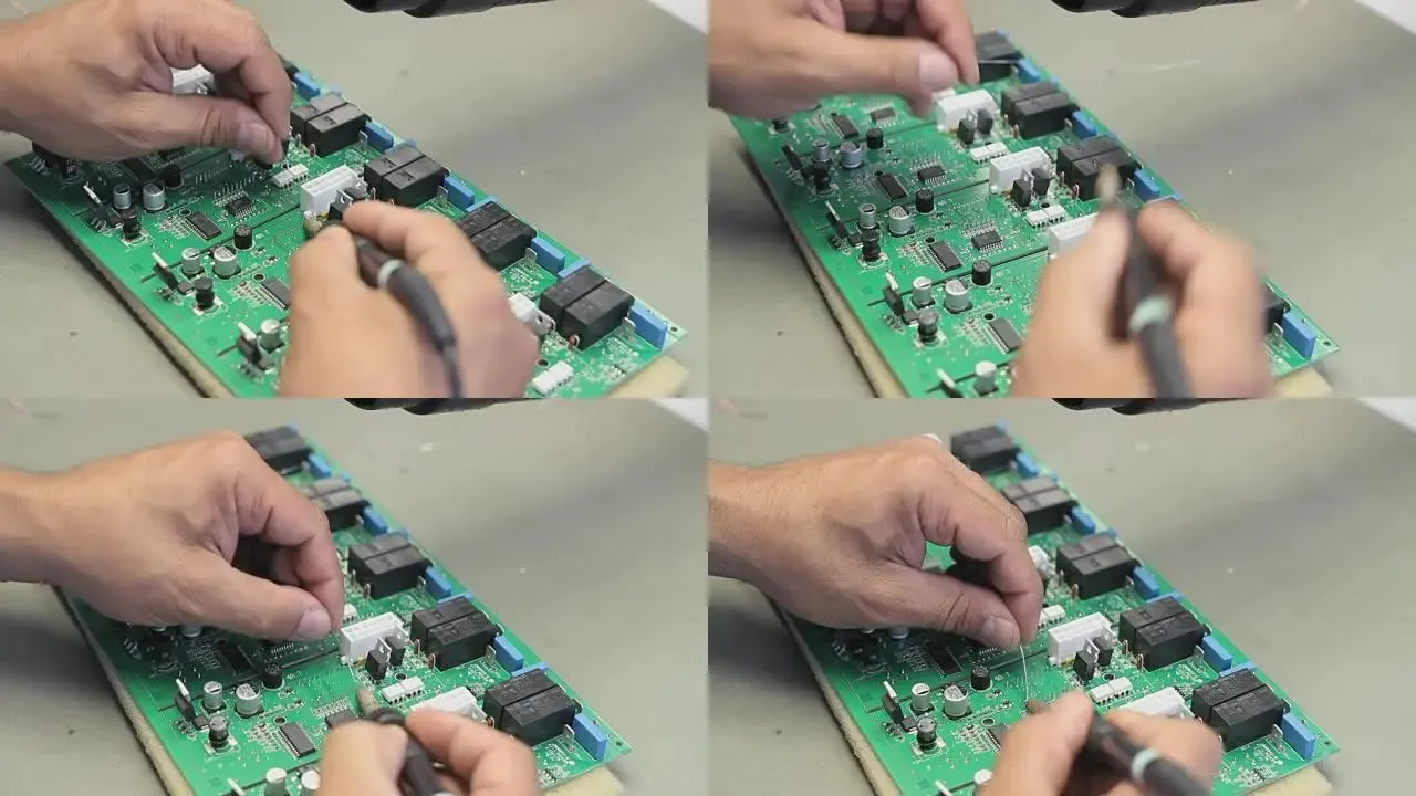 Technician testing integrated circuit on PCB with multimeter for troubleshooting.