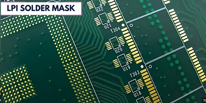 Close-up of high-resolution LPI solder mask dams on fine-pitch PCB pads