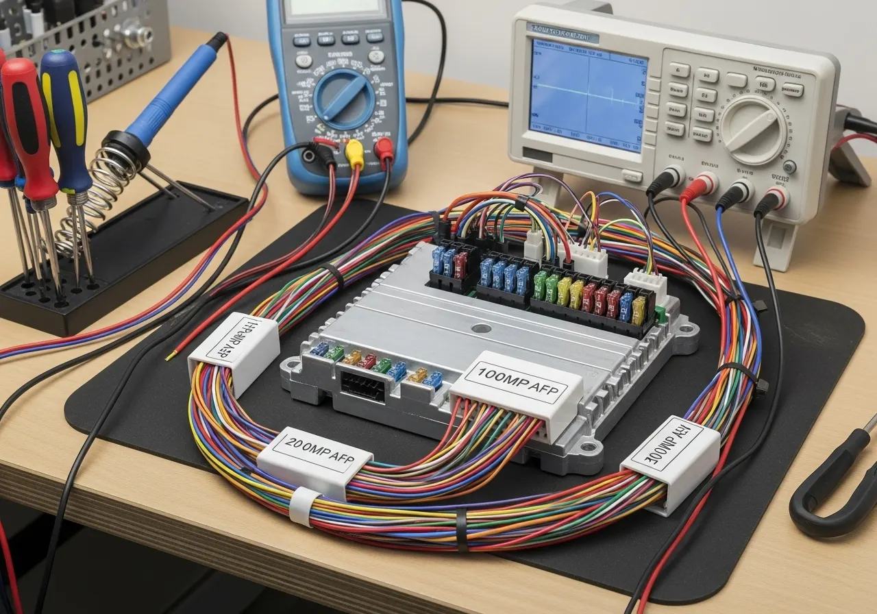 Safe test setup for hobbyist engine management ECU PCB.