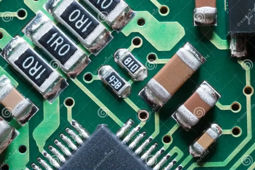 PCB with component codes on resistors and capacitors for hobbyist guide.