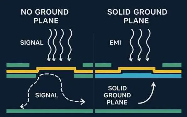 Visualization of ground planes shielding signal layers in an 8-layer PCB to reduce EMI