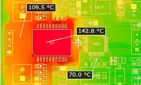 Thermal simulation of a PCB design showing temperature distribution and hot spots