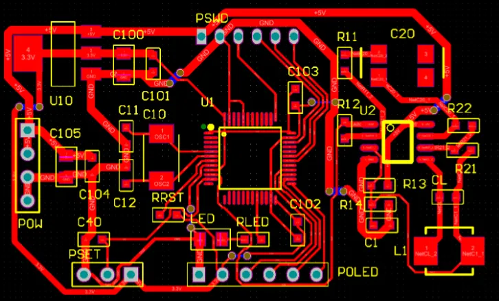 Diagram of PCB power plane with decoupling capacitors near IC for noise reduction.