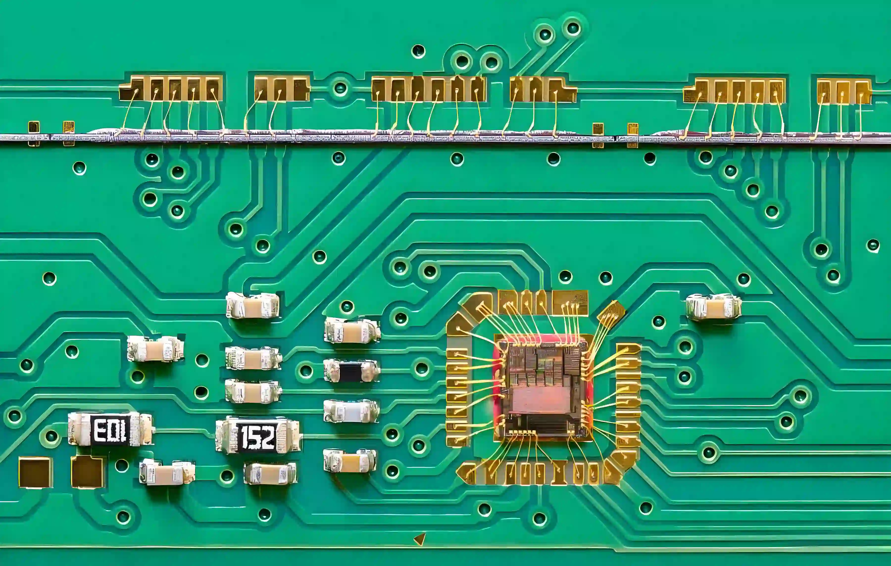 PCB layout with decoupling capacitors for noise minimization near ICs.