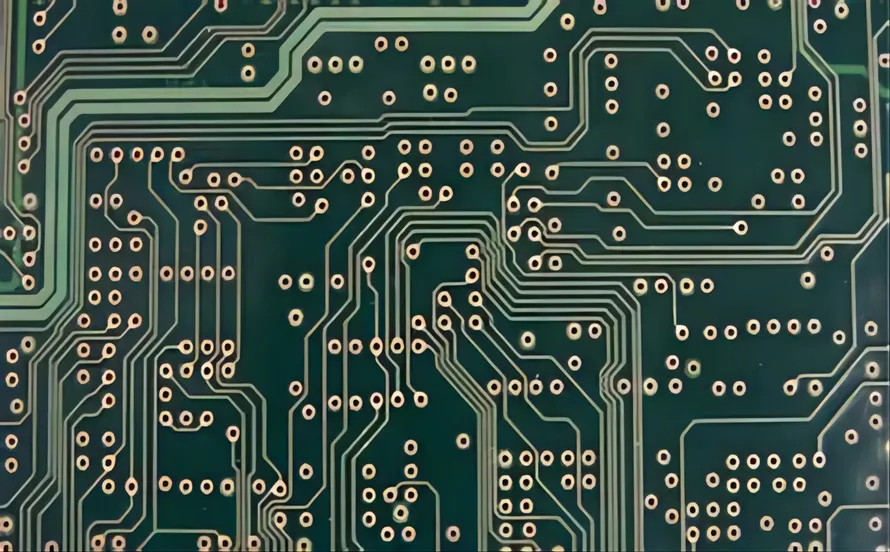 Close-up of microvia in a sequential build-up PCB for high-frequency design.