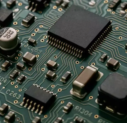Close-up of capacitors near IC pins on double-layer PCB power distribution