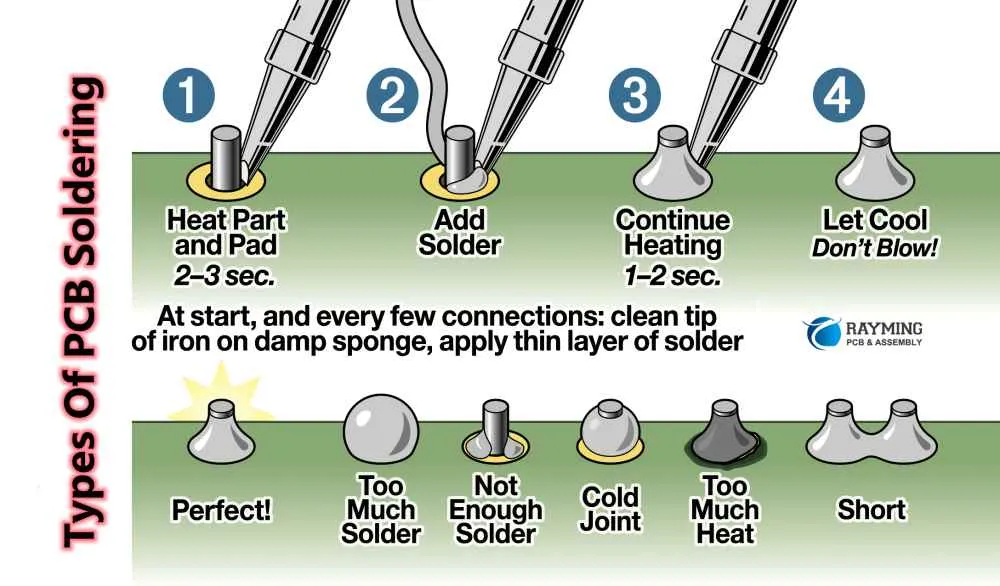 Step-by-step process of hand soldering small thermistors on PCB