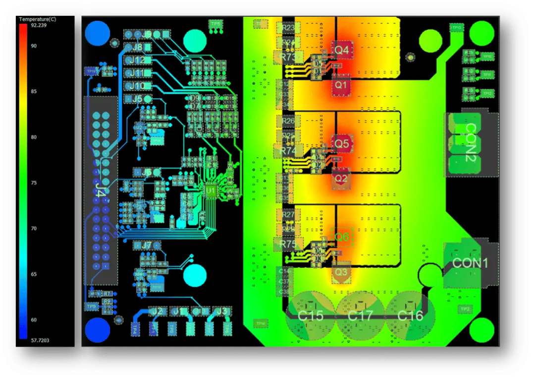 "Gaming console PCB with heat-generating components for thermal design focus."