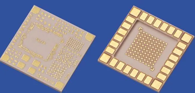 Laser-drilled holes on a ceramic PCB for high-power electronics.