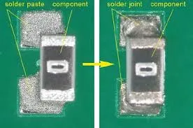 Examples of reflow soldering defects in SMT assembly.