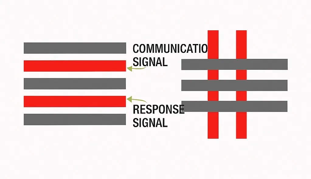 Touch channel traces and communication traces on different layers
