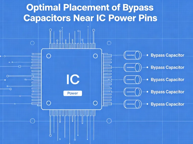 'Layout view showing optimal placement of bypass capacitors near IC power pins')