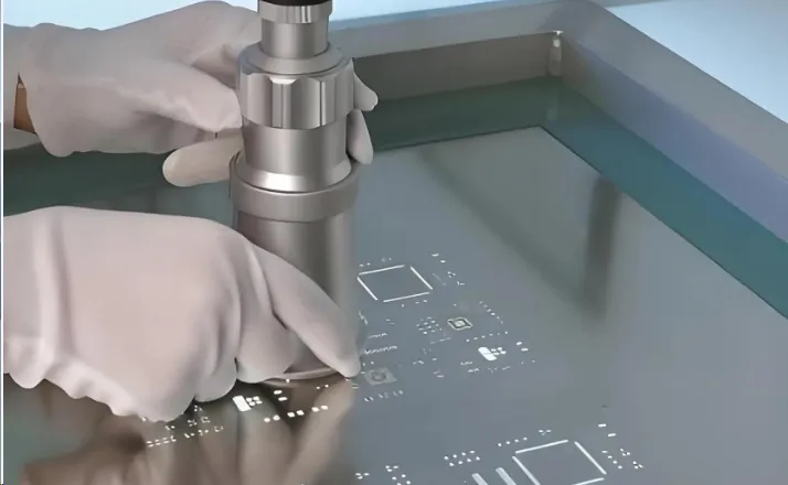 Applying solder paste with a micro stencil for SMD design placement.