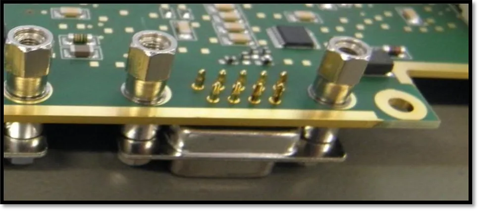 Close-up view of PCB edge plating for EMI shielding