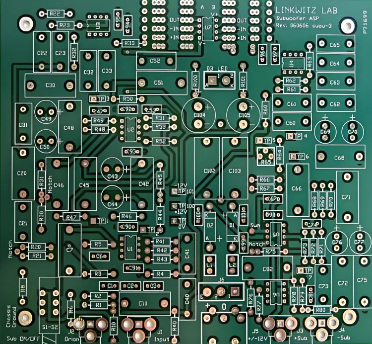 Close-up of a single-sided PCB showcasing conductive traces and components