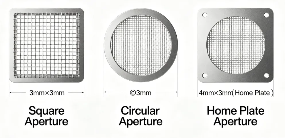 Diagrams of square, circle, and home plate stencil apertures in SMT stencils