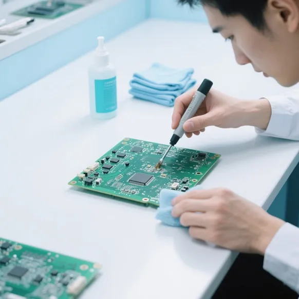 Technician using compressed air for initial PCB debris removal.