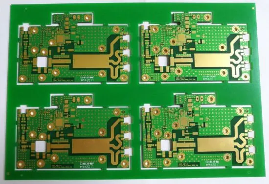 ENIG surface finish on a high-frequency PCB for RF applications.